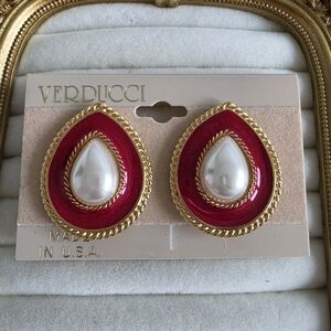 Vintage VERDUCCI Red Enamel Pearl Teardrop Clip-On Earrings Gold Tone | 80s
